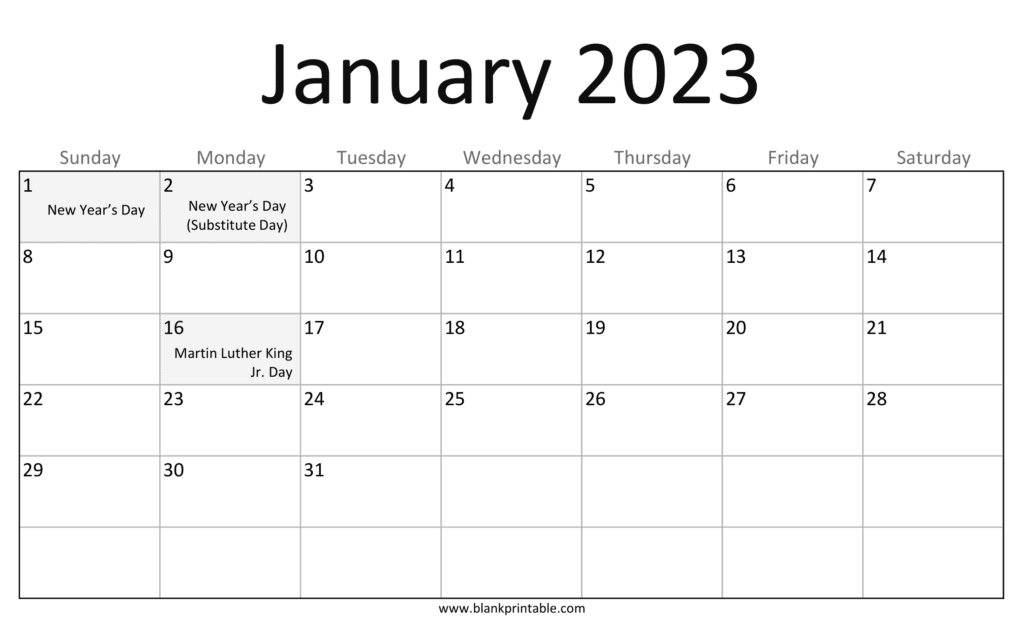 January 2023 Calendar Printable with Holidays USA | Monday Start, Notes