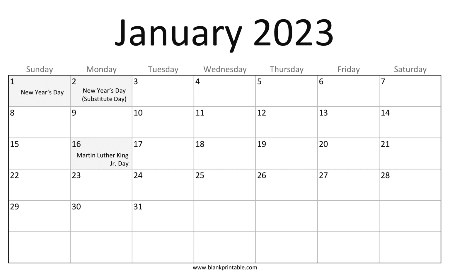 January 2023 Calendar Printable with Holidays USA | Monday Start, Notes