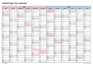 Split Year Calendar 2022/23 (July to June) | Printable Calendar 2022-2023