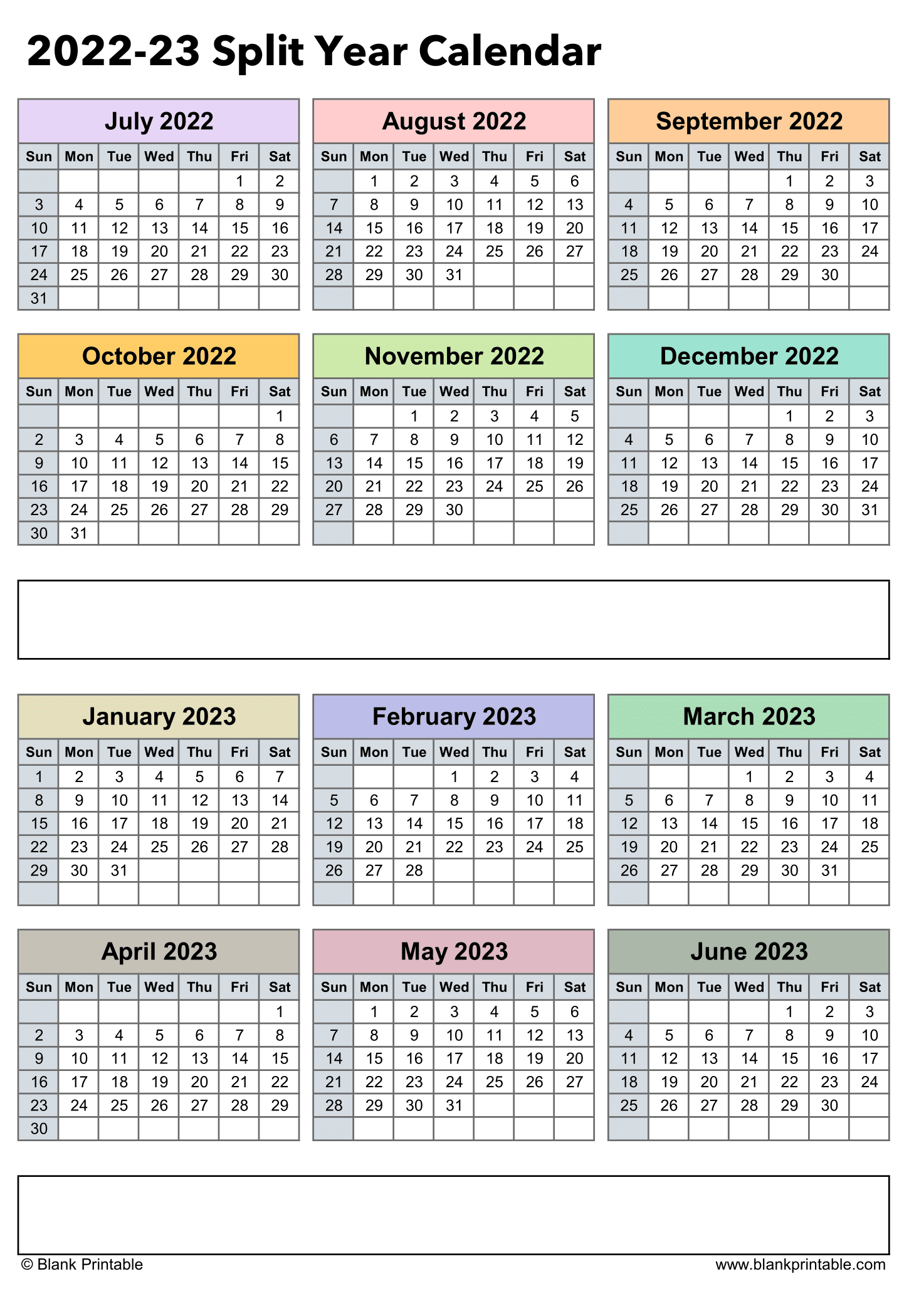 Split Year Calendar 2022/23 (July to June) | Printable Calendar 2022-2023