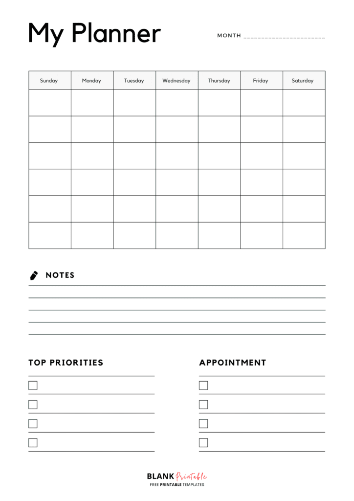 10 Best Free Printable Blank Monthly Calendar Template